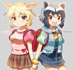  2girls :d alternate_costume animal_ear_fluff animal_ears backpack bag black_hair blonde_hair blue_jacket blue_skirt brown_hair casual common_raccoon_(kemono_friends) cowboy_shot extra_ears fennec_(kemono_friends) fox_ears grey_background grey_hair heart heart_print highres holding_hands jacket kemono_friends looking_at_viewer multiple_girls oerba_yun_fang open_mouth outline plaid plaid_skirt puffy_short_sleeves puffy_sleeves raccoon_ears randoseru scrunchie short_hair short_sleeves simple_background skirt smile suicchonsuisui white_outline wrist_scrunchie yellow_scrunchie 