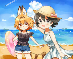  2girls :d alternate_costume animal_ears bare_shoulders beach black_hair black_shirt blonde_hair blue_eyes blue_sky bow casual closed_mouth cloud commentary_request contrail day denim denim_shorts dress extra_ears fang_out fur_trim hat hat_bow highres innertube kaban_(kemono_friends) kemono_friends multiple_girls ocean oerba_yun_fang open_mouth outdoors pink_bow sand serval_(kemono_friends) shirt short_hair short_shorts shorts sky sleeveless smile spaghetti_strap striped_clothes striped_dress suicchonsuisui sun_hat swim_ring tail water yellow_eyes 