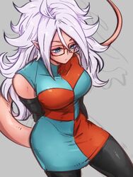  android_21 arms_behind_back black_pantyhose blue_eyes breasts checkered_clothes checkered_dress colored_skin commentary_request dragon_ball dragon_ball_fighterz dress female glasses grey_background hair_between_eyes kemachiku large_breasts light_persona long_hair majin_android_21 pantyhose pointy_ears red_skin simple_background solo tail white_hair 