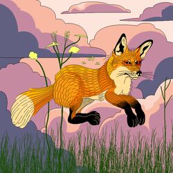  1:1 2020 ambiguous_gender black_nose canid canine cloud detailed_background digital_media_(artwork) eyelashes feral fluffy fluffy_tail fox fur grass hopping jumping looking_at_viewer mammal nature orange_body orange_fur paws pixel_(artwork) plant schreckengast shaded sky solo tail whisker_spots whiskers 