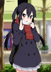  absurdres artist_name bad_id bad_pixiv_id black_hair blue_coat blush brown_eyes bush coat commentary_request female hair_between_eyes highres k-on! long_hair looking_at_viewer mask mask_around_neck mask_pull miniskirt mouth_mask nakano_azusa open_mouth outdoors red_scarf scarf skirt solo tree twintails twitter_username watermark white_gorilla_(okamoto) white_mask white_skirt 