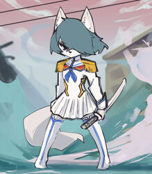  2023 anthro blue_hair canid canine canis clothed clothing cosplay duo female fur grey_body grey_fur hair hatsumiilkshake holding_melee_weapon holding_object holding_sword holding_weapon junketsu kamui_(kill_la_kill) kill_la_kill mammal melee_weapon satsuki_kiryuin studio_trigger sword tera_(hatsumiilkshake) weapon wolf 