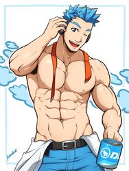  &gt;_o 1boy ;d abs absurdres animal_crossing artist_name bara belt belt_buckle black_belt blue_eyes blue_hair blue_pants buckle cup headphones highres holding holding_cup humanization kuroshinki large_pectorals looking_at_viewer male_focus muscular muscular_male navel necktie nipples one_eye_closed open_mouth orville_(animal_crossing) pants pectorals shirt short_hair smile solo topless_male undone_necktie unworn_clothes unworn_shirt 