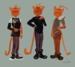  absurd_res accessory anthro biped black_boots black_clothing black_footwear black_topwear boots bottomwear brown_bottomwear brown_clothing brown_pants clothing domestic_cat felid feline felis footwear front_view fur furgonomics grey_background hair hand_on_hip hi_res male mammal multiple_poses orange_body orange_ears orange_fur orange_hair orange_tail oselotti oselotti_(character) pants pose red_nose signature simple_background solo standing tail tail_accessory tailband topwear 