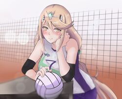  blonde_hair blush chascoby female highres looking_at_viewer mythra_(xenoblade) smile solo sportswear super_smash_bros. sweat swept_bangs tiara volleyball volleyball_uniform xenoblade_chronicles_(series) xenoblade_chronicles_2 yellow_eyes 