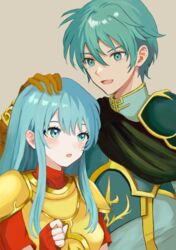  1boy :d :o absurdres armor blue_eyes blue_hair blue_shirt breastplate brother_and_sister brown_gloves commentary couple eirika_(fire_emblem) ephraim_(fire_emblem) female fire_emblem fire_emblem:_the_sacred_stones gloves grey_background hand_on_another&#039;s_head highres long_hair open_mouth red_shirt shirt short_hair short_sleeves siblings sidelocks simple_background smile straight upper_body yuurururun 