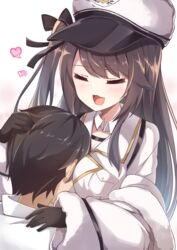  1boy :3 :d ^_^ ^o^ acchii_(akina) azur_lane belt black_hair bow breast_pocket breasts cleavage closed_eyes commander_(azur_lane) commentary_request face_to_breasts female hair_between_eyes hair_ribbon hairbow hat headpat highres hug long_hair long_sleeves military military_uniform naval_uniform one_side_up pamiat_merkuria_(azur_lane) peaked_cap pocket ribbon sidelocks simple_background smile uniform 