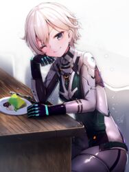  alice_gear_aegis beans bodysuit cake closed_mouth doyouwantto female food fork looking_at_viewer necktie nikaido_tsukasa one_eye_closed purple_eyes signature sitting smile solo white_hair 