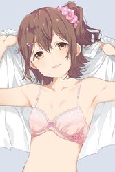  armpits arms_up bad_id bad_twitter_id bare_shoulders bow bow_bra bra breasts brown_eyes brown_hair collarbone commentary female floral_print grey_background hair_between_eyes hair_ornament hair_scrunchie hairclip head_tilt highres hiroki_(yyqw7151) idolmaster idolmaster_million_live! kasuga_mirai light_blush looking_at_viewer one_side_up parted_lips pink_bow pink_bra pink_ribbon pink_scrunchie polka_dot polka_dot_scrunchie print_bra ribbon scrunchie shirt short_hair sidelocks simple_background small_breasts smile solo underwear undressing upper_body white_shirt 