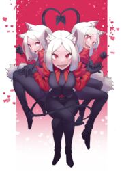  3girls absurdres animal_ear_fluff animal_ears belt black_belt black_gloves black_necktie black_pants cerberus_(helltaker) demon_girl demon_tail dog_ears formal gloves heart helltaker highres long_hair looking_at_viewer matching_outfits multiple_girls necktie oerba_yun_fang open_mouth pants red_eyes red_shirt shirt smile suit tail teeth toga_(toganawa) triplets white_hair 