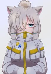  alpaca_ears alpaca_girl alpaca_suri_(kemono_friends) alternate_costume animal_ears blue_eyes blush buttons coat commentary_request female hair_bun hair_over_one_eye hair_tubes hands_in_pockets high_collar highres japari_symbol kemono_friends long_sleeves looking_at_viewer short_hair single_hair_bun solo tsuchinokonoko white_coat 