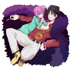  2boys amayado_rei amemura_ramuda black_hair black_headwear blue_eyes cigarette coat facial_hair fur_coat grin highres holding holding_cigarette hypnosis_mic male_focus multiple_boys neck_ribbon pink_hair red_ribbon red_shirt ribbon shirt short_hair sidelocks smile white_background woodrice 