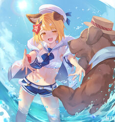  animal_ears blonde_hair canine commission dog_ears dog_girl dog_tail erune female garjana granblue_fantasy hat highres jacket jacket_on_shoulders kiriyama2109 navel official_alternate_costume outdoors partially_submerged rope sailor_collar scrunchie shorts skeb_commission tail vajra_(granblue_fantasy) vajra_(summer)_(granblue_fantasy) yellow_eyes 