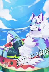  815147h abs anthro athletic athletic_anthro athletic_male blue_eyes bottomwear canid canine clothing floatie fur grin hi_res inflatable japanese_text lifewonders live_a_hero male mammal multicolored_body multicolored_fur pecs sadayoshi sea shorts smile solo swimwear text water 