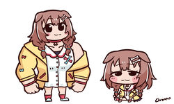  :3 alternate_muscle_size animal_ears artist_name black_eyes blush blush_stickers bone_hair_ornament braid brown_hair cheemsburger_(doge) chibi chroneco commentary dog_ears dog_girl doge female hair_between_eyes hair_ornament hololive inugami_korone inugami_korone_(1st_costume) jacket looking_at_viewer low_twin_braids meme muscular muscular_female sitting smile twin_braids virtual_youtuber yellow_jacket 