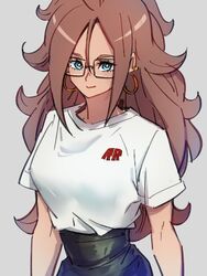  alternate_costume android_21 blue_eyes closed_mouth commentary_request dragon_ball dragon_ball_fighterz earrings female glasses grey_background hair_between_eyes hoop_earrings jewelry kemachiku long_hair looking_at_viewer red_hair red_ribbon_army shirt short_sleeves simple_background smile solo white_shirt 