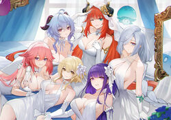  6+girls absurdres ahoge alternate_costume bare_shoulders blue_hair breasts chinese_commentary cleavage commentary_request curtains dress elbow_gloves fake_horns flower fungi_(genshin_impact) ganyu_(genshin_impact) genera-x genshin_impact gloves green_eyes hair_flower hair_ornament hair_over_one_eye highres horns large_breasts long_braid long_hair lumine_(genshin_impact) multiple_girls nilou_(genshin_impact) purple_eyes raiden_shogun red_hair red_horns shenhe_(genshin_impact) sleeveless sleeveless_dress slime_(genshin_impact) veil very_long_hair white_dress white_flower white_gloves yae_miko 