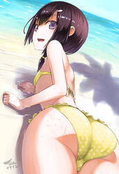  ass bad_id bad_pixiv_id bare_arms bare_shoulders beach bikini black_hair breasts day duplicate female foreshortening frilled_bikini frills from_behind front-tie_bikini_top front-tie_top green_bikini hair_ornament hairclip long_hair looking_at_viewer looking_back lying ocean on_stomach open_mouth original outdoors photoshop_(medium) pixel-perfect_duplicate polka_dot polka_dot_bikini purple_eyes shoulder_blades sidelocks small_breasts smile solo swimsuit tea_(nakenashi) tree_shade water wet 