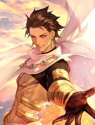  1boy abs ahoge bare_pectorals black_hair brown_hair cape cloak dark-skinned_male dark_skin earrings fate/grand_order fate/prototype fate/prototype:_fragments_of_blue_and_silver fate_(series) gloves hair_pulled_back jewelry looking_at_viewer male_focus manly outstretched_hand ozymandias_(fate) pectorals short_hair smile smirk solo spiked_hair yellow_eyes yepnean 