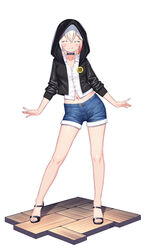  absurdres ahoge bare_legs black_choker black_footwear black_jacket blush chinese_commentary choker closed_eyes collared_shirt commentary_request denim denim_shorts female floor full_body hair_between_eyes highres hood hood_up hooded_jacket jacket lightning_ahoge long_hair long_sleeves midriff multicolored_hair navel open_clothes open_jacket original red_hair sandals scar scar_on_cheek scar_on_face shirt short_shorts shorts simple_background sleeves_pushed_up smile solo standing streaked_hair tongue tongue_out white_background white_hair white_shirt xiaoxi0619 