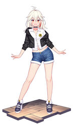  absurdres ahoge bare_legs black_choker black_footwear black_jacket blush chinese_commentary choker collared_shirt commentary_request denim denim_shorts female floor full_body hair_between_eyes high_heels highres hood hood_down hooded_jacket jacket lightning_ahoge long_hair long_sleeves looking_at_viewer midriff multicolored_hair navel open_clothes open_jacket open_mouth orange_eyes original red_hair shirt shoes short_shorts shorts simple_background sleeves_pushed_up slit_pupils solo standing streaked_hair white_background white_hair white_shirt xiaoxi0619 