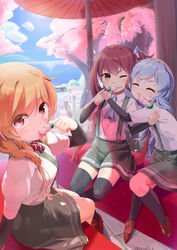  3girls arm_warmers asagumo_(kancolle) ascot blue_ascot bow bowtie braid brown_eyes brown_hair cherry_blossoms closed_eyes cloud_hair_ornament commentary_request dango food gradient_hair green_hairband grey_hair grey_skirt hair_ribbon hairband hanami highres kantai_collection light_brown_hair long_hair looking_at_viewer metadio minegumo_(kancolle) multicolored_hair multiple_girls oil-paper_umbrella outdoors plaid plaid_ascot plaid_bow plaid_bowtie pleated_skirt red_bow red_bowtie red_eyes ribbon sanshoku_dango shirt short_sleeves sidelocks sitting skirt suspender_skirt suspenders tree twin_braids twintails umbrella wagashi wavy_hair white_shirt yamagumo_(kancolle) 