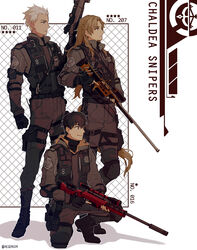  3boys absurdres alternate_costume arash_(fate) archer_(fate) belt black_hair bolt_action boots brown_eyes brown_hair chiron_(fate) commentary_request dark-skinned_male dark_skin english_text fate/apocrypha fate/grand_order fate/prototype fate/prototype:_fragments_of_blue_and_silver fate/stay_night fate_(series) full_body gloves gun heqanim highres holding holding_weapon korean_commentary long_hair long_sleeves looking_to_the_side male_focus military military_uniform multiple_boys pants rifle smile sniper_rifle squatting uniform weapon white_hair 