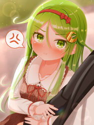  1boy :t alternate_costume anger_vein arm_hug black_jacket blurry blurry_background blush closed_mouth commentary crescent crescent_hair_ornament dress female green_eyes green_hair hair_between_eyes hair_ornament hairband highres jacket kantai_collection long_hair long_sleeves nagatsuki_(kancolle) pout red_hairband shirt spoken_anger_vein suzushiro_(gripen39) white_shirt 