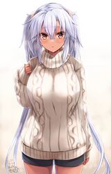  absurdres alternate_costume breasts brown_eyes cowboy_shot dark-skinned_female dark_skin female glasses grey_hair hair_between_eyes highres kantai_collection large_breasts long_hair long_sleeves mashiro_yukiya musashi_(kancolle) musashi_kai_ni_(kancolle) rectangular_eyewear semi-rimless_eyewear solo standing sweater turtleneck turtleneck_sweater twintails very_long_hair 