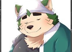  anthro bandana blush canid canine canis closed_eyes clothing domestic_dog eyebrows fur green_body green_fur hi_res jacket kerchief lifewonders live_a_hero male mammal mokdai shirt sleeping slightly_chubby solo t-shirt thick_eyebrows topwear unfinished 