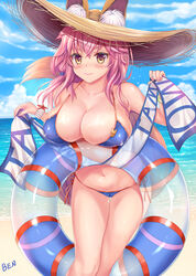  animal_ear_fluff animal_ears bare_shoulders beach ben_(ben_artworks) bikini blue_bikini blue_sky blush breasts cleavage collarbone commentary day ears_through_headwear fate/grand_order fate_(series) female fox_ears fox_girl fox_tail hat highres innertube large_breasts long_hair looking_at_viewer md5_mismatch navel ocean outdoors pink_hair resolution_mismatch sky smile source_smaller straw_hat swim_ring swimsuit tail tamamo_(fate) tamamo_no_mae_(swimsuit_lancer)_(fate) tamamo_no_mae_(swimsuit_lancer)_(second_ascension)_(fate) tamamo_no_mae_(swimsuit_lancer)_(third_ascension)_(fate) thighs yellow_eyes 