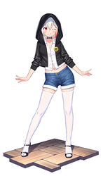  absurdres ahoge black_choker black_footwear black_jacket blush chinese_commentary choker collared_shirt commentary_request denim denim_shorts female floor full_body hair_between_eyes highres hood hood_up hooded_jacket jacket lightning_ahoge long_hair long_sleeves looking_at_viewer midriff multicolored_hair navel one_eye_closed open_clothes open_jacket orange_eyes original red_hair sandals scar scar_on_cheek scar_on_face shirt short_shorts shorts simple_background sleeves_pushed_up slit_pupils smile solo standing streaked_hair thighhighs tongue tongue_out white_background white_hair white_shirt white_thighhighs xiaoxi0619 