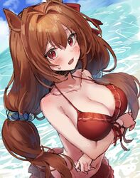  animal_ears arms_under_breasts bad_id bad_twitter_id bare_shoulders bikini bikini_skirt blush breast_hold breasts brown_hair cleavage cloud collarbone daiwa_scarlet_(trifle_vacation)_(umamusume) daiwa_scarlet_(umamusume) female frilled_bikini frills hair_intakes halterneck highres horse_ears large_breasts long_hair looking_at_viewer low_twintails navel nu_tarou_(tr84635391) oerba_yun_fang official_alternate_costume open_mouth outdoors red_bikini red_eyes skin_fang solo sweatdrop swimsuit twintails umamusume unfinished upper_body very_long_hair water 