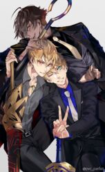  3boys ahoge arthur_pendragon_(fate) artist_name belt black_pants blonde_hair blue_shirt brown_hair earrings excalibur_(fate/prototype) fate/grand_order fate/prototype fate/prototype:_fragments_of_blue_and_silver fate/stay_night fate_(series) formal gilgamesh_(fate) green_eyes hair_between_eyes hand_on_another&#039;s_head heads_together highres holding holding_hands holding_weapon jewelry looking_at_viewer male_focus multiple_boys necklace necktie open_mouth ozymandias_(fate) pants pvc_parfait red_eyes shirt simple_background smile staff suit sword twitter_username v weapon yellow_necktie 