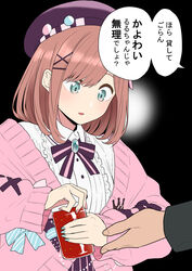  aqua_eyes beret black_background blue_nails breasts brown_hair cardigan commentary_request female fingernails frills fumitan_(humitan) hair_ornament hairclip hat highres jar medium_hair nail_polish nijisanji parted_lips pink_nails simple_background suzuhara_lulu translated virtual_youtuber 