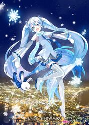  artist_name bare_shoulders blue_eyes blue_hair blue_necktie blue_scarf blush_stickers boots character_name city_lights cityscape commentary company_name crypton_future_media detached_sleeves earmuffs female floating glowing_snowflake grey_skirt grey_sleeves grey_thighhighs hair_ornament hakodate_(city) hatsune_miku headset high_heels highres leg_up light_blue_hair light_blush long_hair looking_at_viewer midair miniskirt mittens necktie night night_sky ocean official_art omutatsu open_mouth outstretched_arms piapro pleated_skirt rabbit_yukine scarf second-party_source shirt skirt sky sleeveless sleeveless_shirt smile snowflake_print snowflakes solo star_(sky) thigh_boots thighhighs twintails very_long_hair vocaloid water white_mittens white_scarf white_shirt yuki_miku yuki_miku_(2011) zettai_ryouiki 