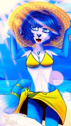  2021 9:16 accessory anthro bare_shoulders beach bikini biped black_nose blue_body blue_eyes blue_fur blue_hair breasts canid canine cleavage clothed clothing detailed_background dipstick_tail ears_down female fluffy fluffy_tail fox fur furgonomics gem hair happy hat headgear headwear hi_res ikitai inner_ear_fluff jewelry krystal_(star_fox) mammal markings multicolored_body multicolored_fur multicolored_tail navel necklace nintendo open_mouth outside pivoted_ears sand sea seaside signature sky smile solo star_fox sun_hat sunny swimwear tail tail_accessory tail_markings tailband tuft two_tone_body two_tone_fur water white_body white_fur white_tail_tip yellow_bikini yellow_clothing yellow_swimwear 