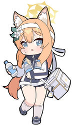  :o animal_ear_fluff animal_ears bag black_footwear black_jacket black_shorts blue_archive blue_eyes blush bottle chibi commentary_request cooler female flower full_body gym_shorts hair_between_eyes hair_flower hair_ornament hairband halo holding holding_bottle jacket kneehighs long_sleeves looking_at_viewer mari_(blue_archive) mari_(track)_(blue_archive) nyaru_(nyaru_4126) official_alternate_costume parted_lips puffy_long_sleeves puffy_sleeves shoes short_shorts shorts shoulder_bag simple_background sleeves_past_wrists socks solo standing standing_on_one_leg sweat track_jacket water_bottle white_background white_flower white_hairband white_socks yellow_halo 