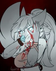  anthro archivist-kayl bared_teeth blood blood_in_mouth blood_on_face blood_on_hand blue_eyes blue_nose blue_tongue bodily_fluids bracelet clothing crop_top female fur goretober grabbing_head grey_body grey_fur hair hi_res inktober inktober_2022 jewelry ponytail shirt solo tongue topwear white_body white_fur 