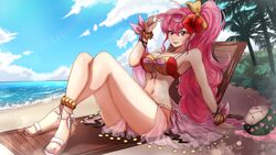  absurdres alternate_costume ankle_ribbon anklet arm_support beach beach_chair bendy_straw big_hair bikini blurry blurry_background blush bow bracelet breasts cloud coconut commission crossed_legs day drinking_straw english_commentary eyewear_on_head female fire_emblem fire_emblem:_new_mystery_of_the_emblem flower fruit_cup hair_flower hair_ornament hairbow highres jewelry kamilisme large_breasts leg_ribbon long_hair looking_at_viewer nail_polish navel ocean outdoors palm_tree phina_(fire_emblem) pink_bow pink_eyes pink_hair ponytail red_bikini red_flower ribbon sand sandals sarong second-party_source see-through shadow sidelocks sitting smile solo sunglasses swimsuit thighs tree two-tone_bikini very_long_hair white_bikini white_footwear wrist_bow yellow_bow 