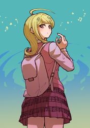  absurdres ahoge akamatsu_kaede backpack bag blonde_hair blue_background cowboy_shot danganronpa_(series) danganronpa_v3:_killing_harmony female green_background hair_ornament hand_up highres long_hair long_sleeves looking_at_viewer looking_back miniskirt musical_note musical_note_hair_ornament musical_note_print pink_skirt pink_sweater_vest pleated_skirt shirt skirt solo sweater_vest youko-shima 