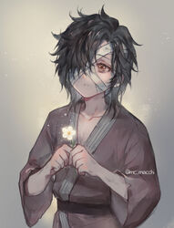  1boy aged_down artist_name bandage_over_one_eye black_hair brown_eyes brown_shirt flower glowing_flower highres holding holding_flower hua_cheng korean_commentary lolicon long_sleeves looking_at_viewer male_focus mc_macchi original shirt short_hair solo sparkle teenage upper_body 