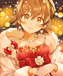  bow breasts brown_eyes brown_hair cleavage closed_mouth coat commentary_request dress earrings female hair_between_eyes honda_mio idolmaster idolmaster_cinderella_girls idolmaster_cinderella_girls_starlight_stage inzup jewelry long_sleeves looking_at_viewer medium_breasts nail_polish necklace red_bow red_dress red_nails short_hair smile solo strapless strapless_dress upper_body white_coat 