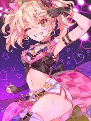  ;d arm_strap asymmetrical_gloves black_footwear black_gloves blonde_hair boots bow bra breasts bridal_gauntlets cleavage commentary_request cowboy_shot earrings female fingerless_gloves gloves grey_hair grin groin hair_between_eyes hairbow heart heart_belt heart_earrings idolmaster idolmaster_cinderella_girls inzup jewelry jougasaki_mika long_hair medium_breasts midriff nail_polish navel one_eye_closed open_mouth pink_bow red_nails short_shorts shorts single_glove smile solo standing standing_on_one_leg stomach sweatdrop thighs twintails underwear uneven_gloves v white_bra white_shorts yellow_eyes 