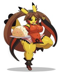  2019 :3 anthro anthrofied arc_system_works ass big_butt breasts brown_eyes brown_hair chopsticks cleft_tail clothing cosplay cosplay_pikachu_(character) female food generation_1_pokemon guilty_gear hair hi_res huge_butt kuradoberi_jam looking_at_viewer mammal navel nintendo nipples pikachu pokemon pokemon_(species) pokemorph rice rodent short_stack smile solo sssonic2 tail thick_thighs tight_clothing wide_hipped_anthro wide_hipped_female wide_hips 