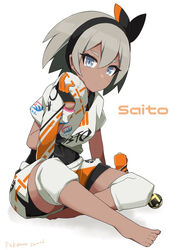  barefoot bea_(pokemon) black_bodysuit black_gloves black_hairband blue_eyes bodysuit bodysuit_under_clothes character_name commentary_request copyright_name dark-skinned_female dark_skin drink female full_body gloves grey_hair hair_between_eyes hairband highres indian_style knee_pads looking_at_viewer poke_ball pokemon pokemon_swsh sakuragi_raia shirt short_hair short_sleeves shorts sitting solo sweat towel white_shirt white_shorts wristband 