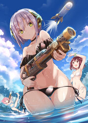  3girls :d ahoge atelier_(series) atelier_sophie baakurou bare_shoulders bikini black_bikini blue_bikini breasts choker cleavage commentary_request corneria_(atelier) frilled_bikini frills green_eyes highres holding holding_water_gun midriff multiple_girls navel open_mouth outdoors pink_hair plachta purple_hair red_eyes red_hair revision rocket scrunchie side-tie_bikini_bottom smile sophie_neuenmuller star-shaped_pupils star_(symbol) swimsuit symbol-shaped_pupils wading water_gun water_rocket white_bikini wrist_scrunchie 