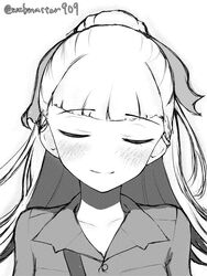  bad_id bad_twitter_id blunt_bangs blush closed_eyes collarbone commentary female girls_und_panzer greyscale hair_ribbon head_tilt highres katsuragi_(webmaster909) koala_forest_military_uniform long_hair monochrome ponytail ribbon simple_background smile solo twitter_username wallaby_(girls_und_panzer) white_background 