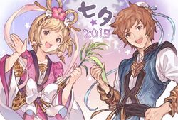  1boy 2019 bamboo chinese_clothes commentary_request constellation cosplay djeeta_(granblue_fantasy) earrings female flower gran_(granblue_fantasy) granblue_fantasy hagoromo hair_flower hair_ornament hair_rings hikoboshi hikoboshi_(cosplay) holding_bamboo_shoot holding_tanzaku jewelry looking_at_viewer official_art open_mouth orihime_(tanabata) orihime_(tanabata)_(cosplay) shawl tanabata tanzaku 