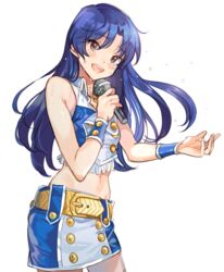  :d belt belt_buckle blue_hair blush brown_eyes buckle commentary_request cowboy_shot crop_top female floating_hair hair_between_eyes holding holding_microphone idol idolmaster idolmaster_(classic) inzup kisaragi_chihaya long_hair looking_at_viewer microphone midriff miniskirt navel open_mouth pencil_skirt simple_background skirt sleeveless smile solo standing stomach tears very_long_hair white_background wing_collar yellow_belt 